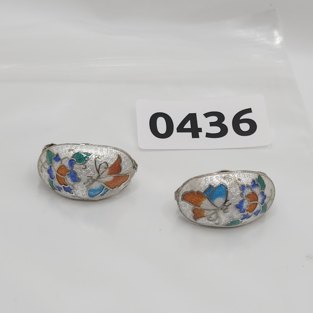 Vintage Cloisonne Butterfly Floral Clip On Earrings White Enamel Oval Blue - Picture 8 of 9